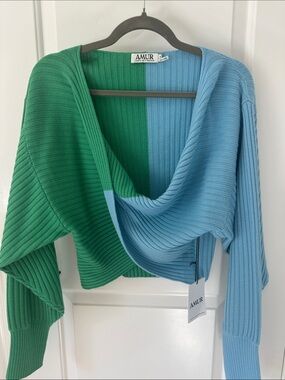 AMUR Green and Blue Ribbed Knit Sweater